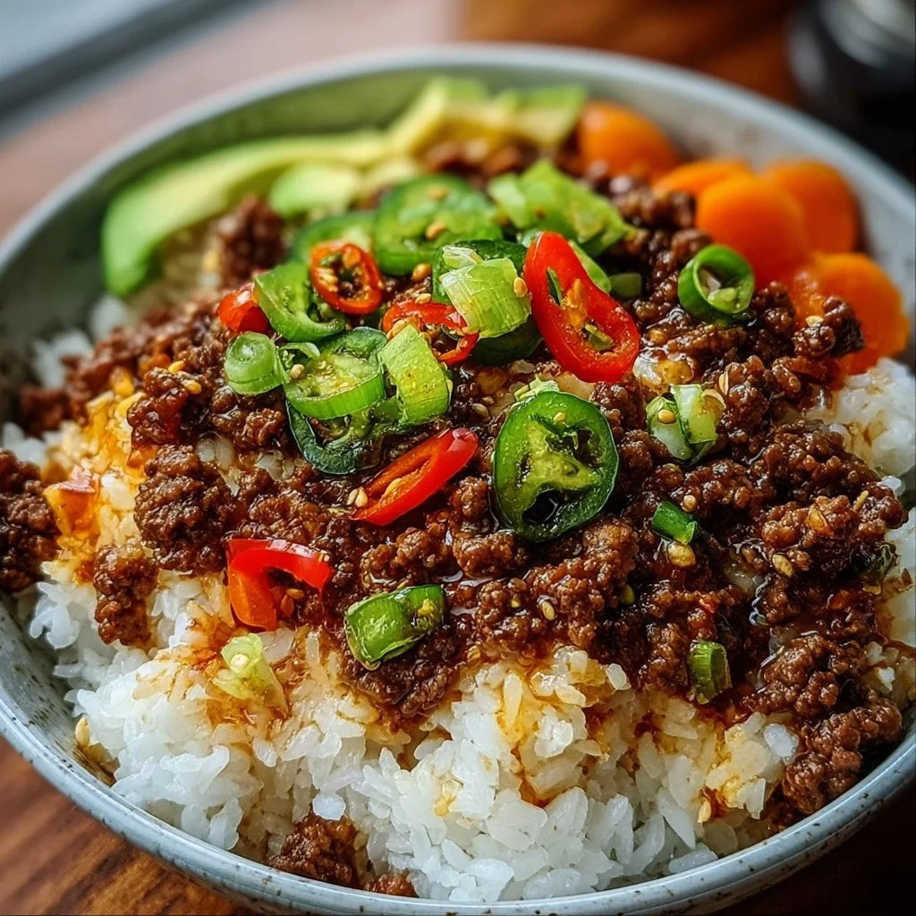 Ground Beef Hot Honey Bowl topped with fresh herbs and served in a bowl