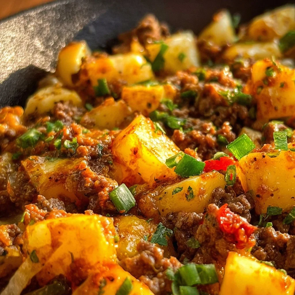 Delicious Ground Beef Potato Hash served in a skillet with herbs and spices