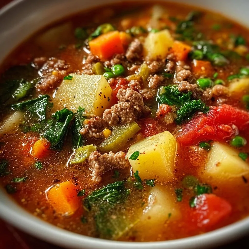 Delicious ground beef vegetable soup served in a bowl with colorful vegetables