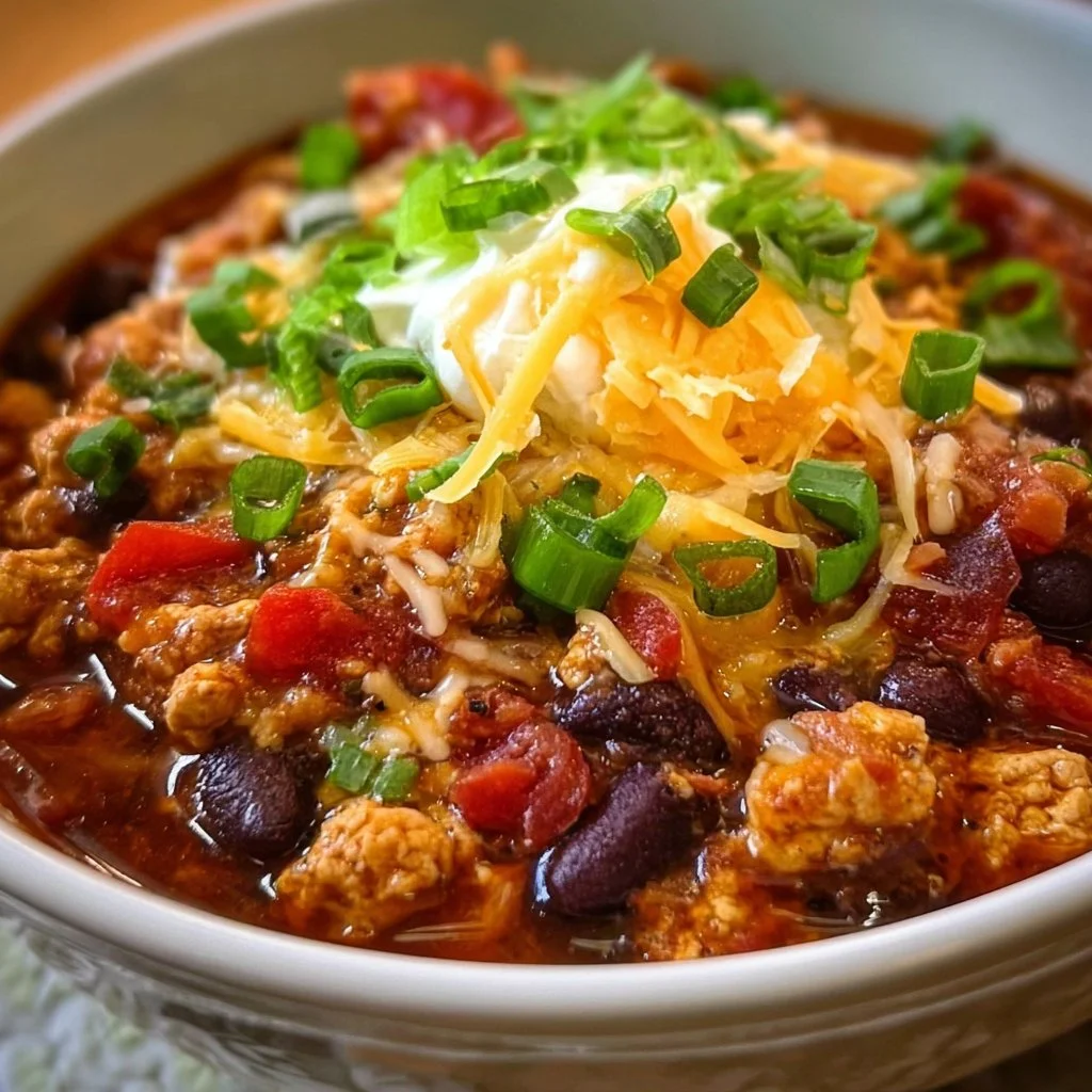 Delicious ground chicken chili garnished with fresh herbs in a bowl.