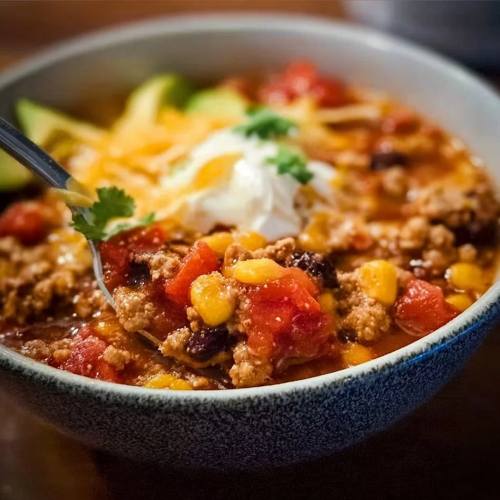 Bowl of ground turkey taco soup with fresh toppings and herbs