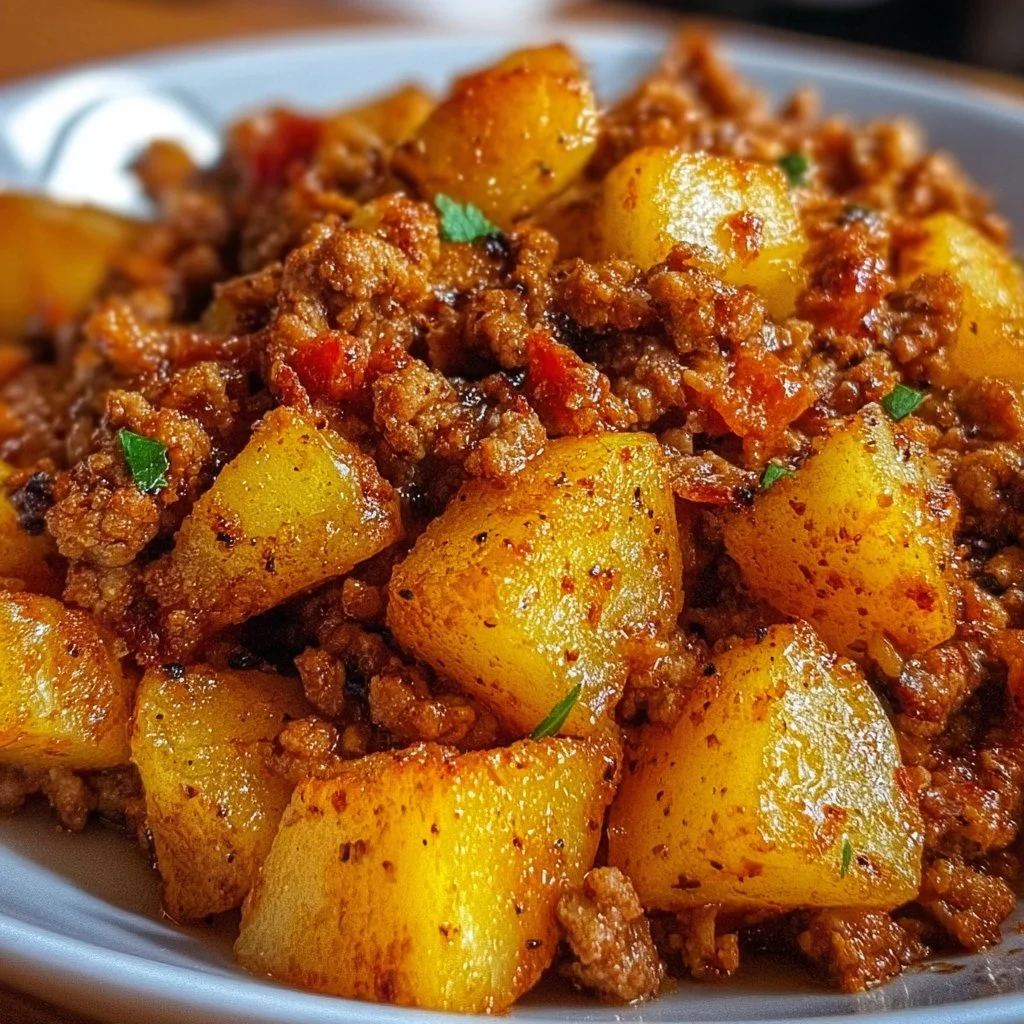 Plate of ground turkey with potatoes, garnished with herbs.