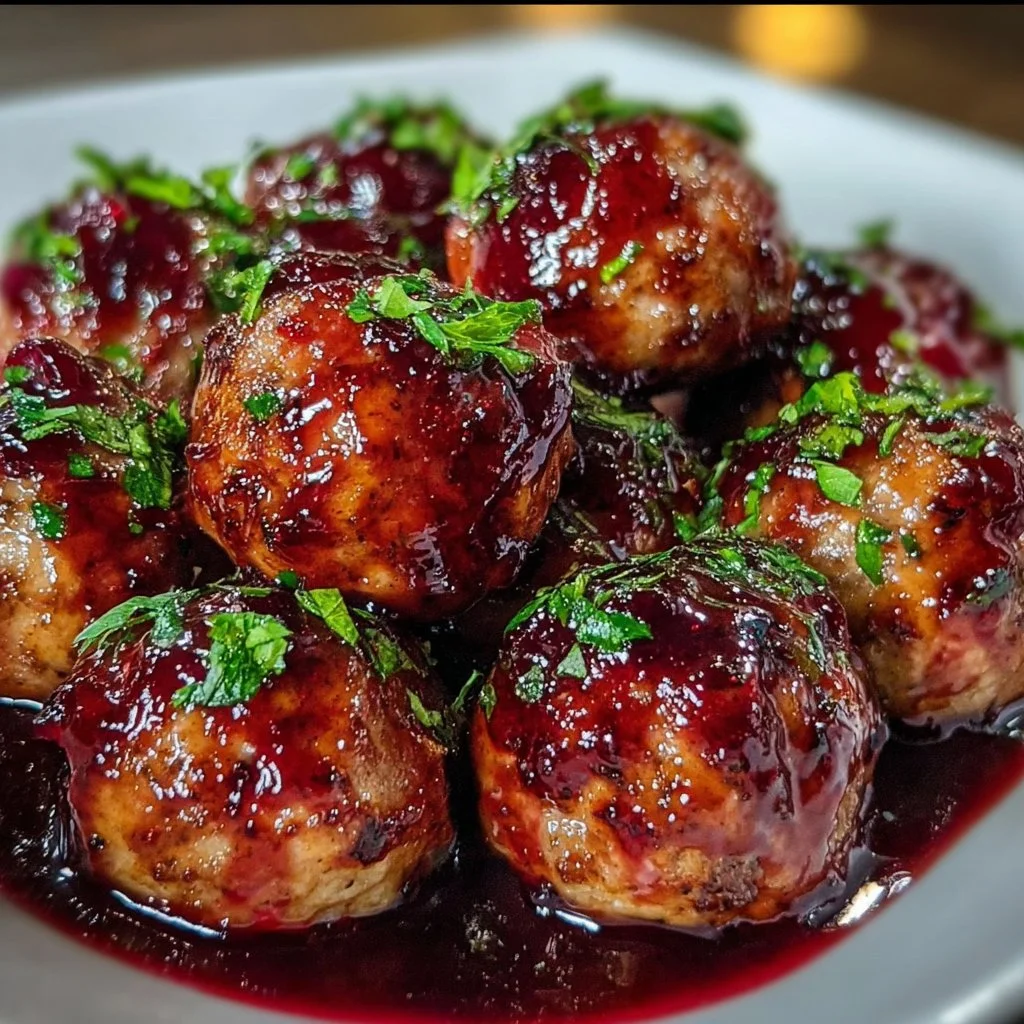 Harvest Turkey Meatballs with Cranberry Glaze served on a plate