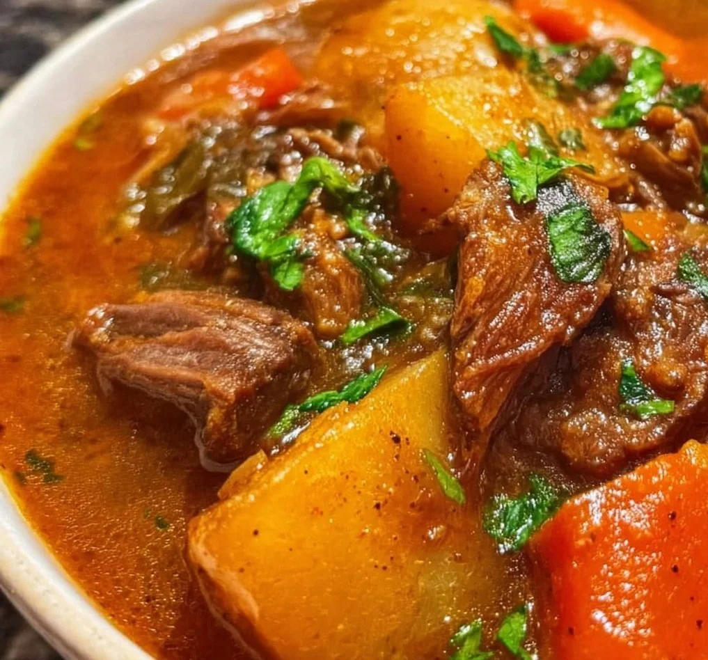 A bowl of Hawaiian Beef Stew garnished with fresh herbs and served with rice.