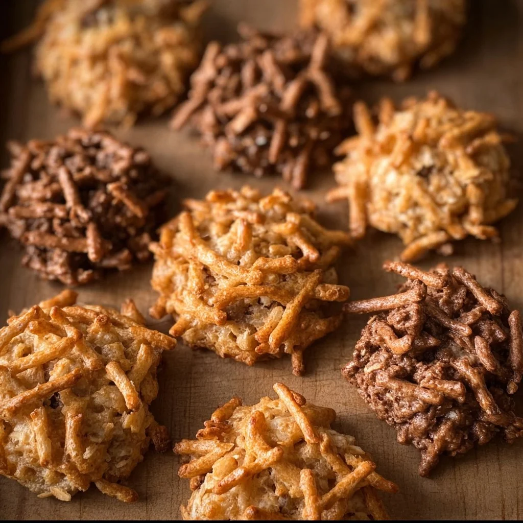 Delicious haystack cookies made with chocolate, peanuts, and chow mein noodles.