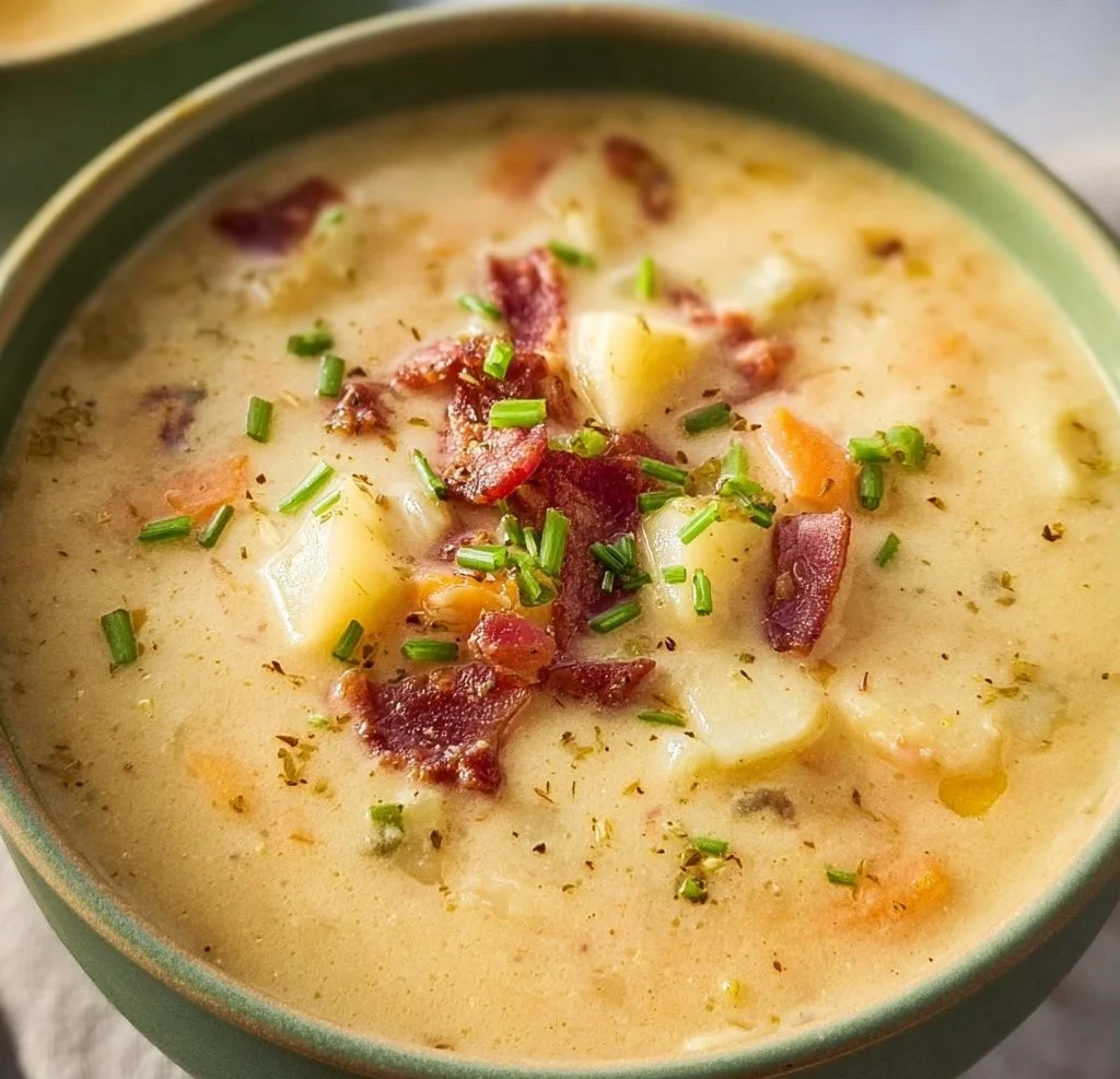Bowl of healthy dairy free potato soup garnished with herbs and spices