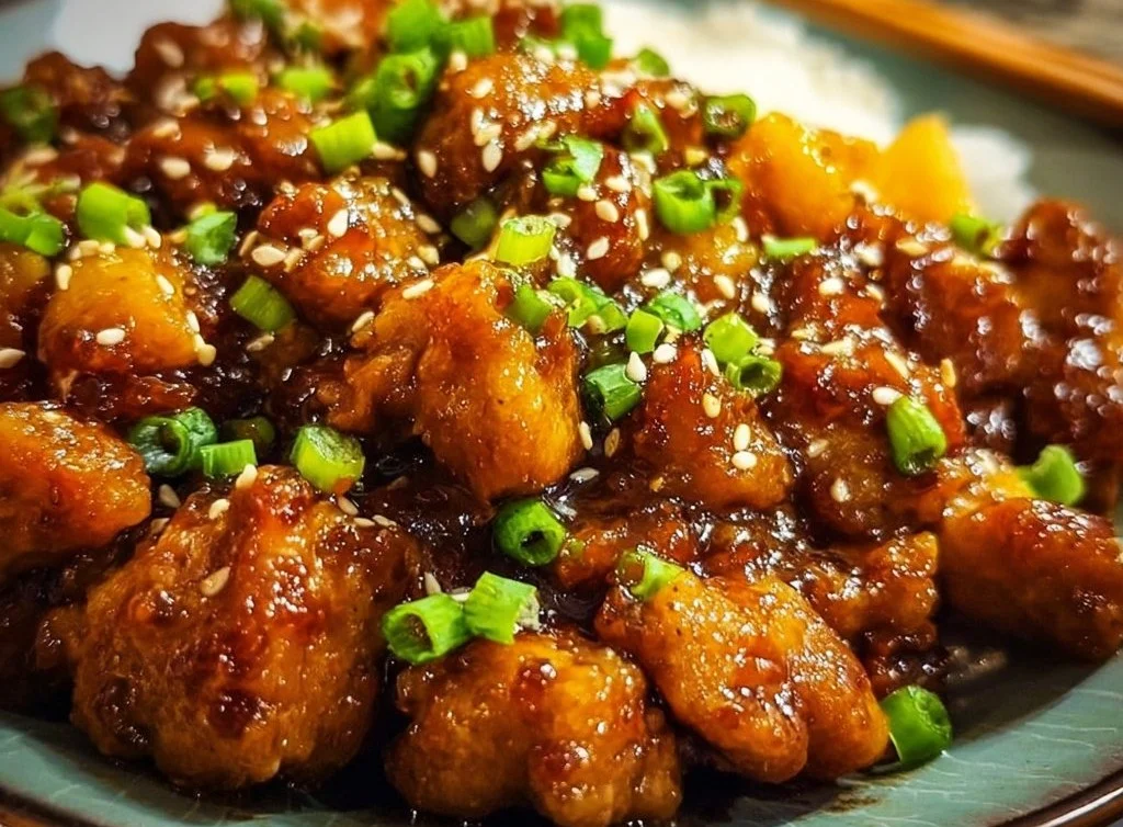 Healthy orange chicken served on a plate with vegetables