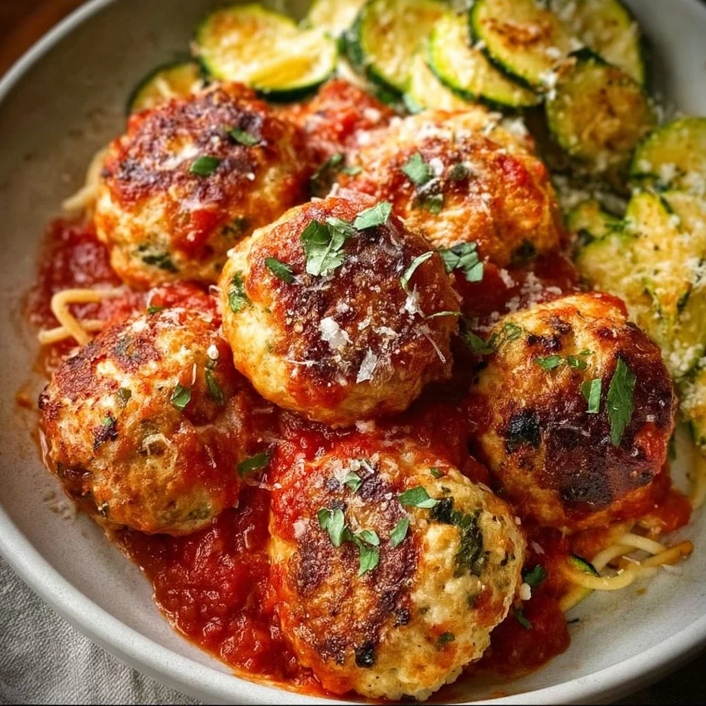 Healthy turkey ricotta meatballs on a plate garnished with herbs.