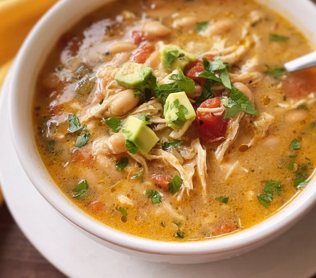 Bowl of healthy white chicken chili filled with vegetables and lean chicken.