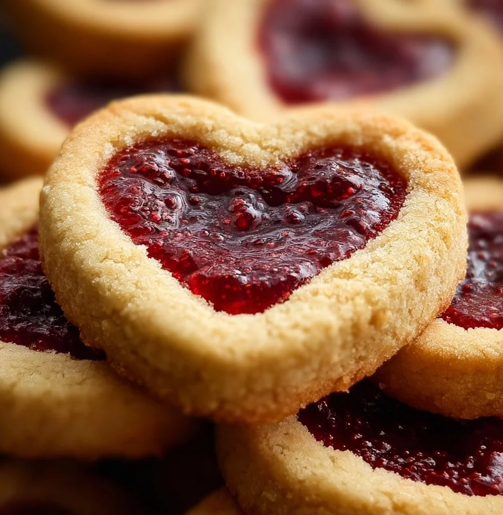 Freshly baked Heart Jam Cookies with fruit filling and heart shapes