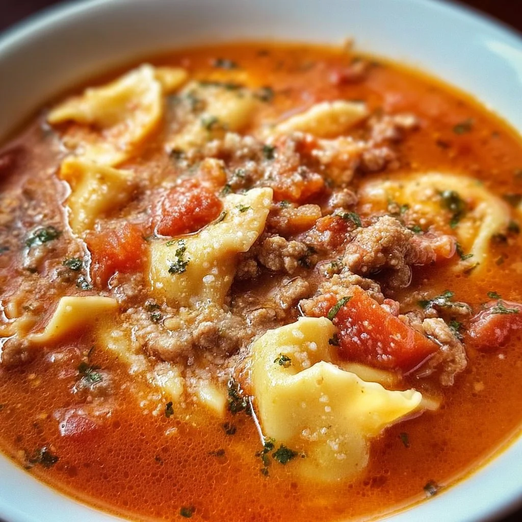 Bowl of hearty lasagna soup topped with cheese and fresh herbs