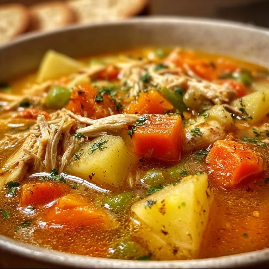 Bowl of hearty chicken and veggie soup with fresh herbs and vegetables