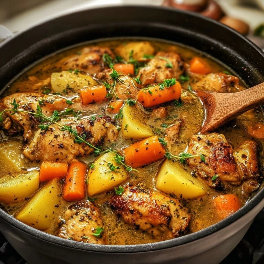Hearty one-pot stewed chicken served in a rustic bowl.