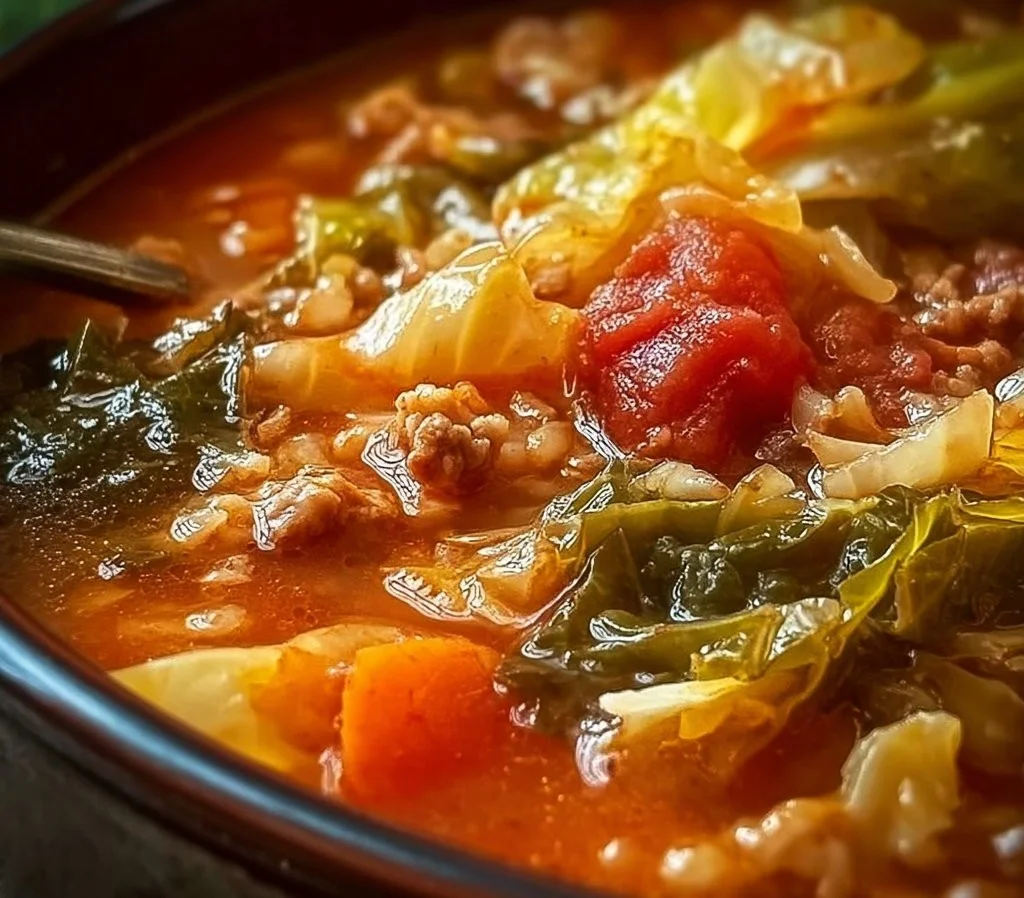A bowl of hearty stuffed cabbage soup with fresh ingredients and herbs.