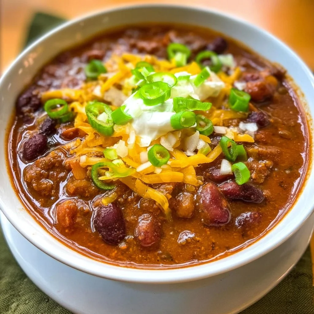 A bowl of hearty three-bean chili topped with fresh herbs and served with cornbread.