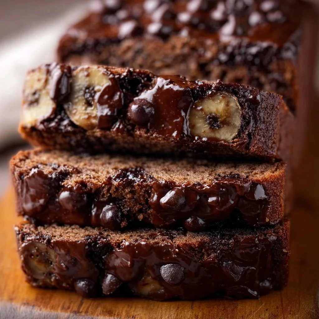High-protein chocolate banana bread slice on a wooden table