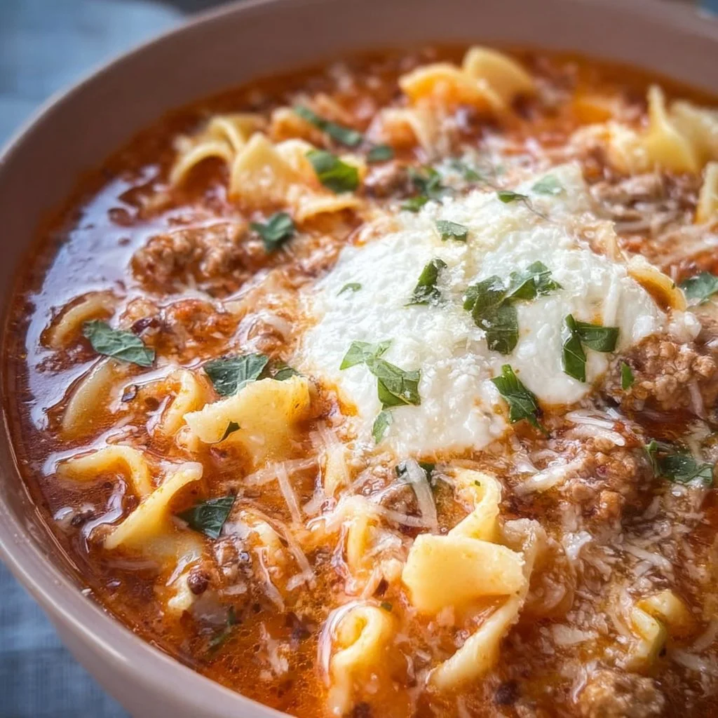 Bowl of high protein lasagna soup with noodles, cheese, and herbs