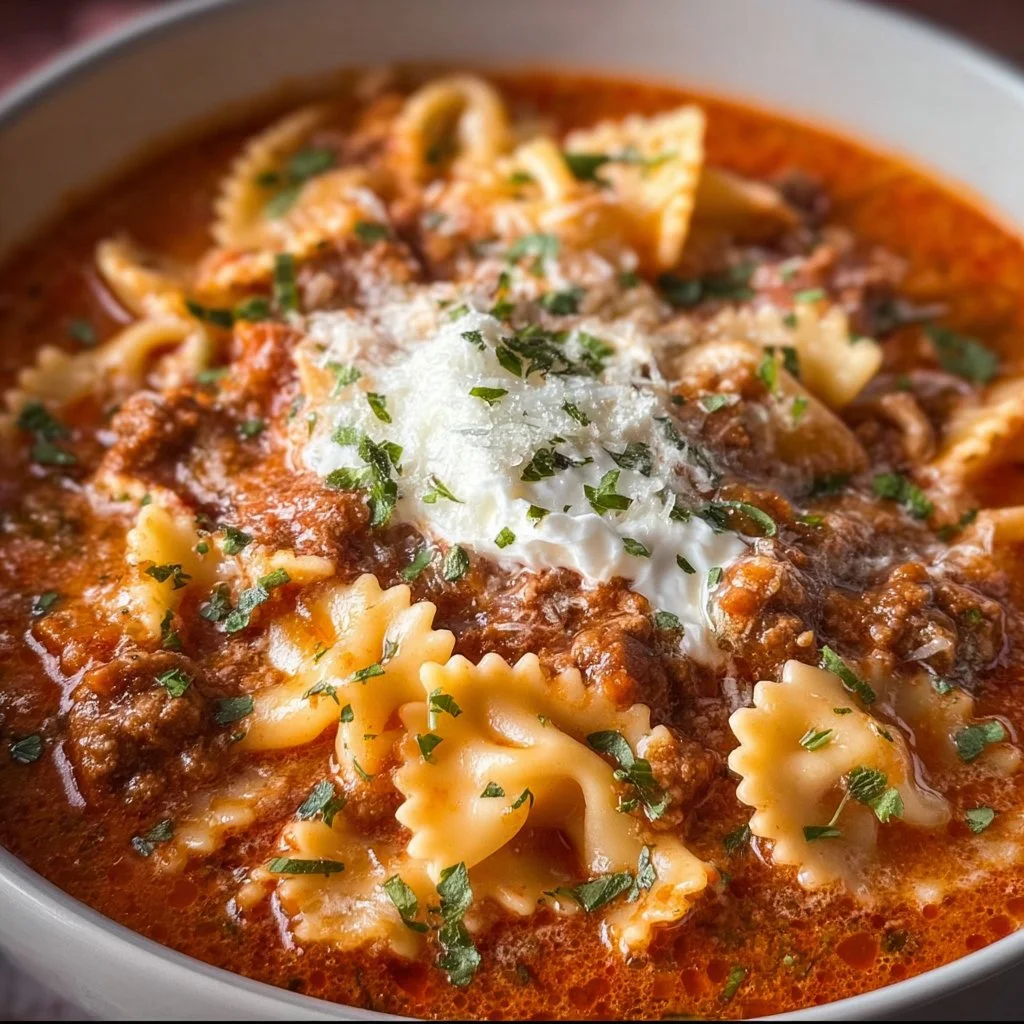 Bowl of high protein lasagna soup with noodles, cheese, and herbs