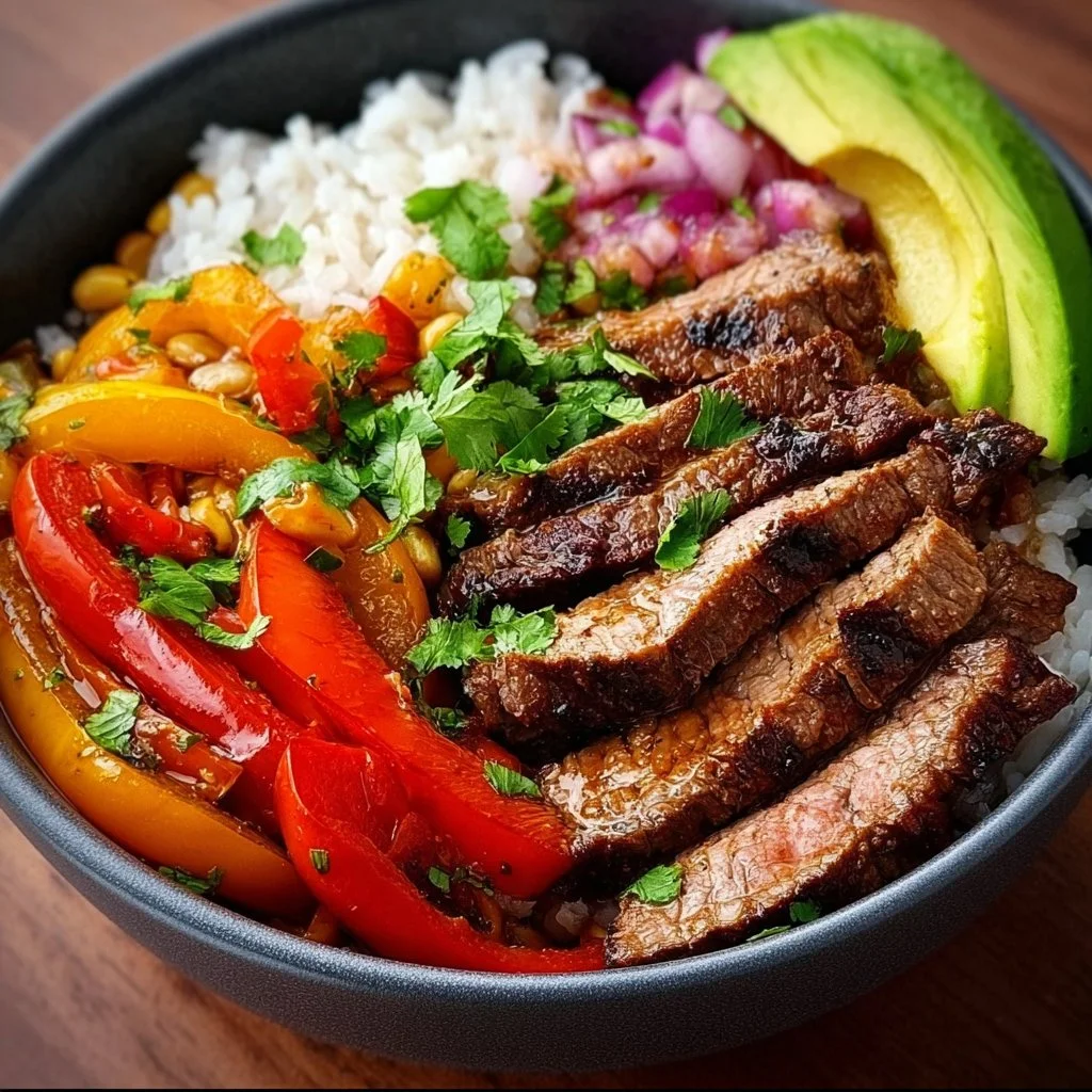 High protein steak fajita bowl with colorful vegetables and toppings.