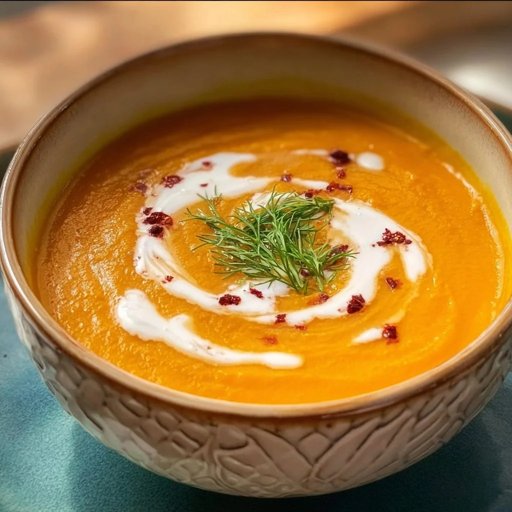 Bowl of homemade carrot sweet potato soup garnished with herbs
