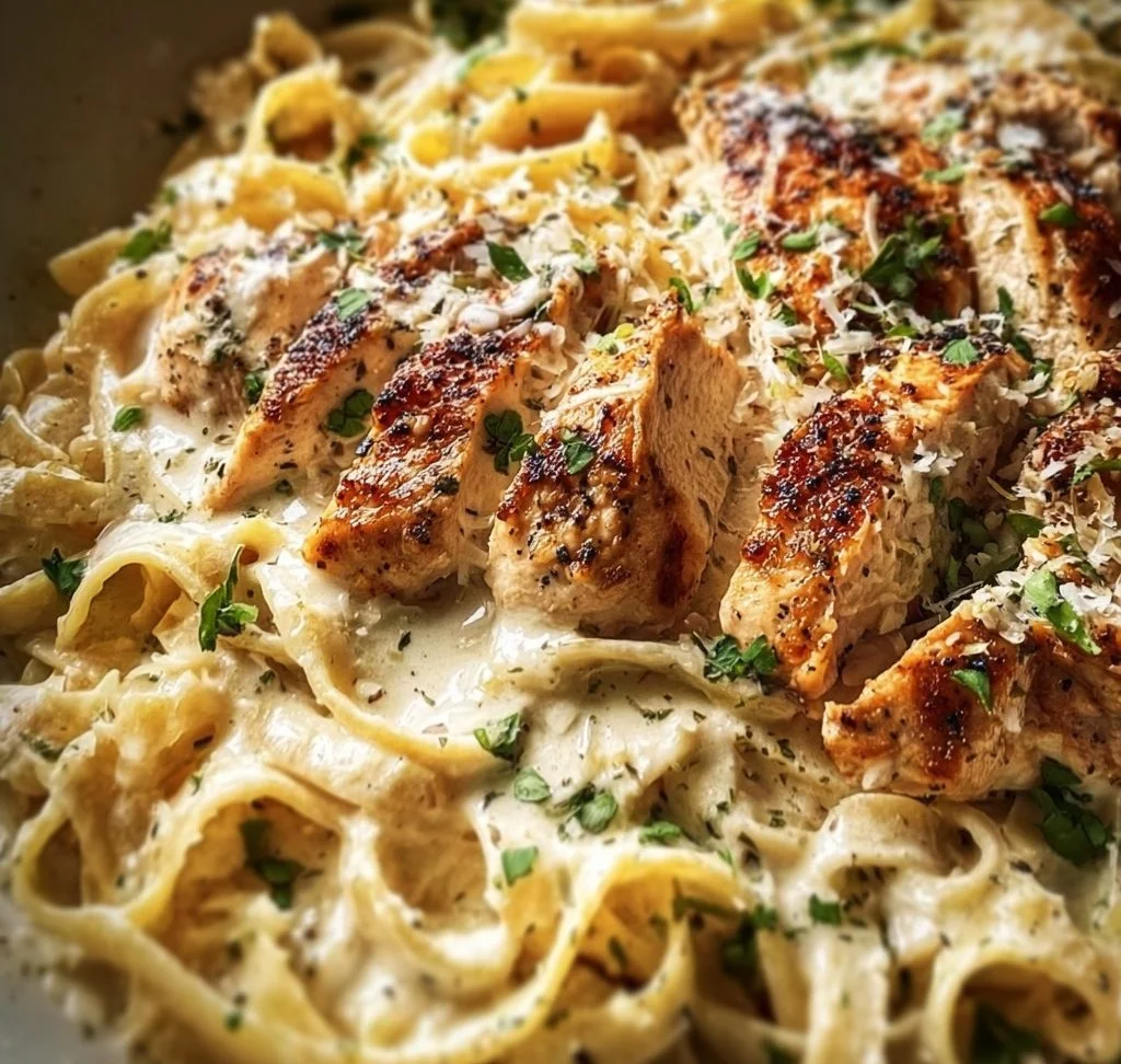 Creamy homemade chicken alfredo pasta served with parsley garnish