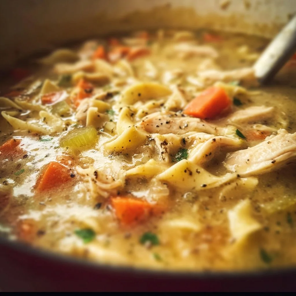 Bowl of homemade chicken noodle soup with vegetables and herbs