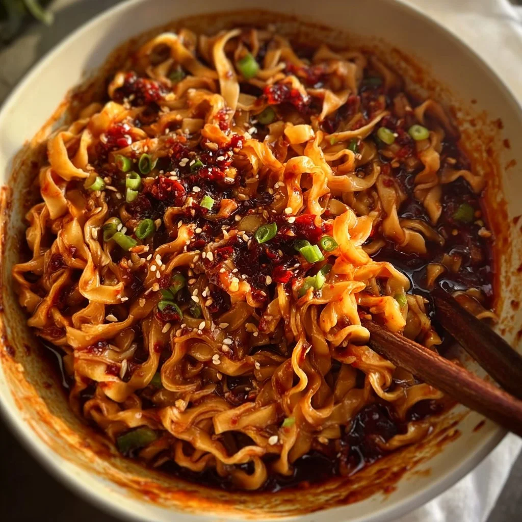 Bowl of homemade chili sauce served over noodles
