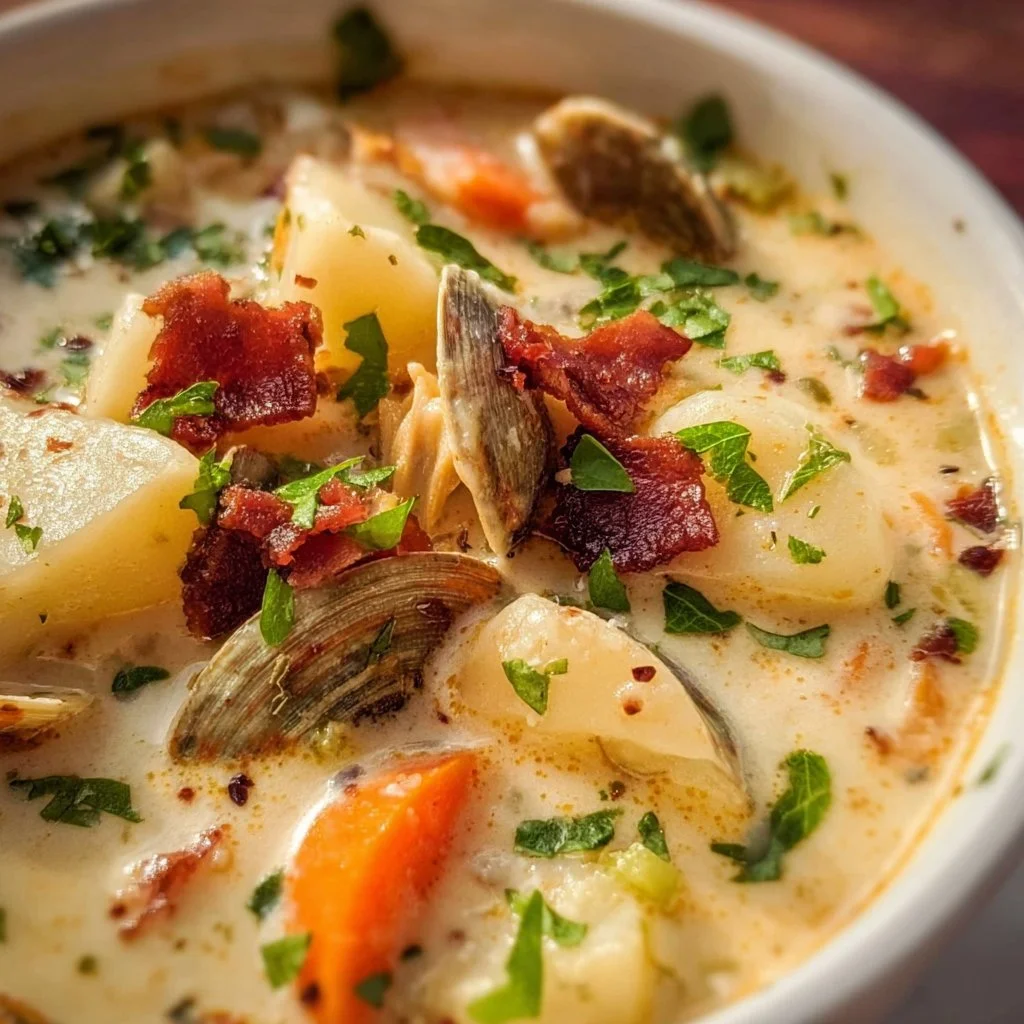 Bowl of homemade clam chowder topped with herbs and crackers