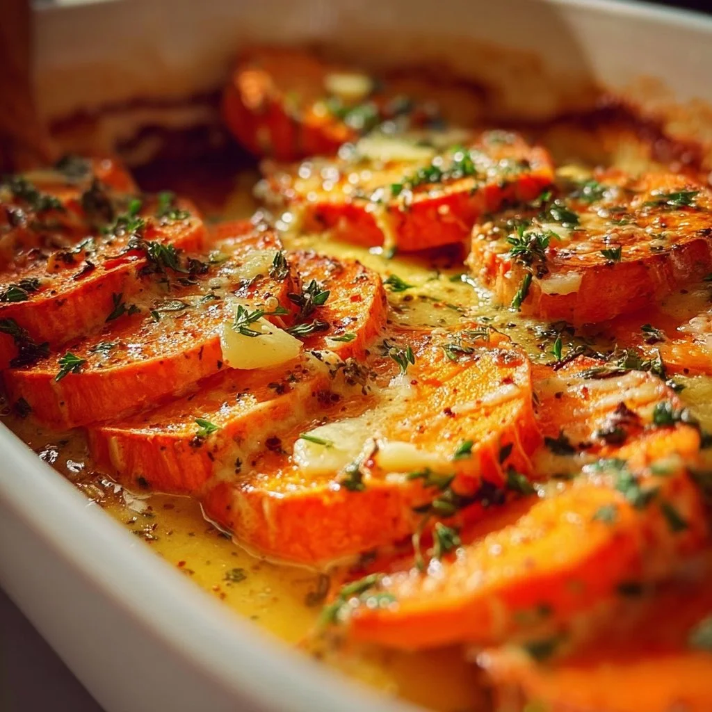 Baked garlic butter sweet potatoes topped with herbs and spices