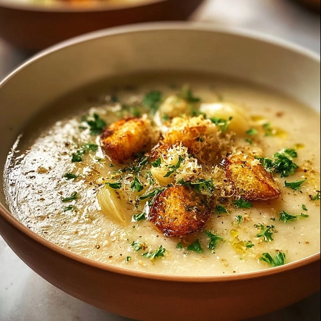 Bowl of homemade garlic soup garnished with herbs and garlic cloves.