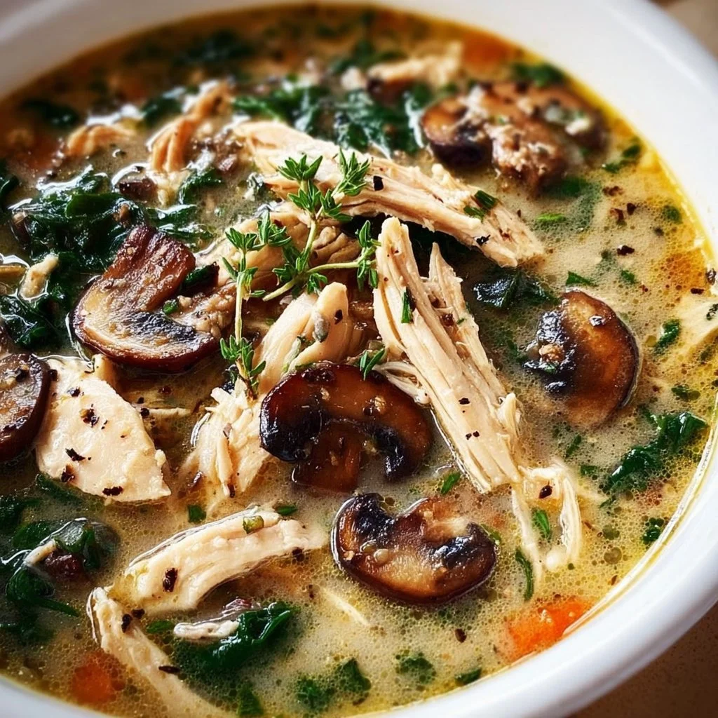 Bowl of homemade rotisserie chicken and mushroom soup with herbs