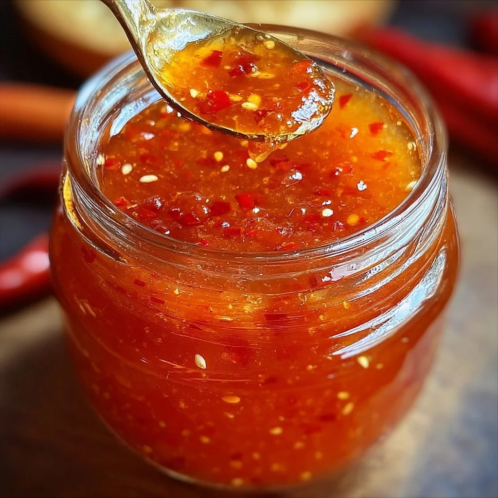 Bowl of homemade sweet chili sauce with fresh ingredients