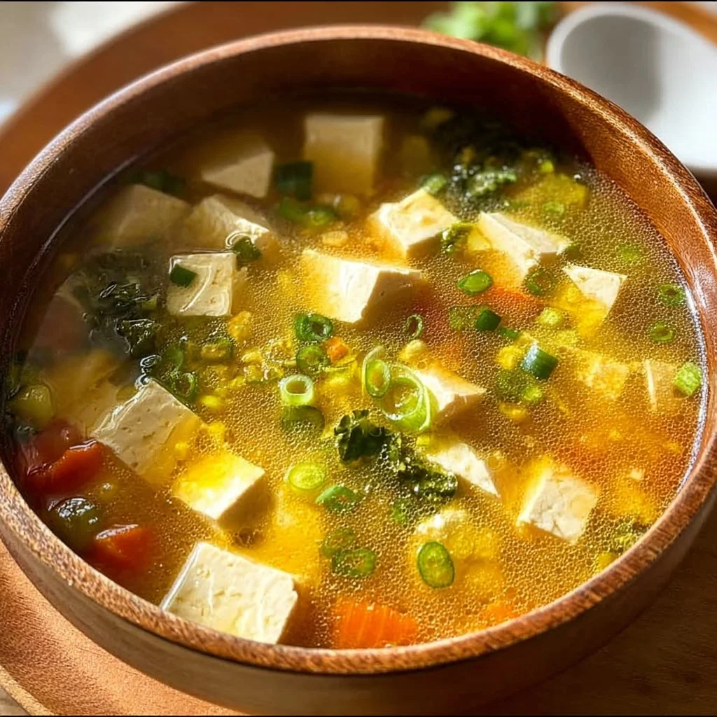 Bowl of homemade tofu soup garnished with vegetables and herbs