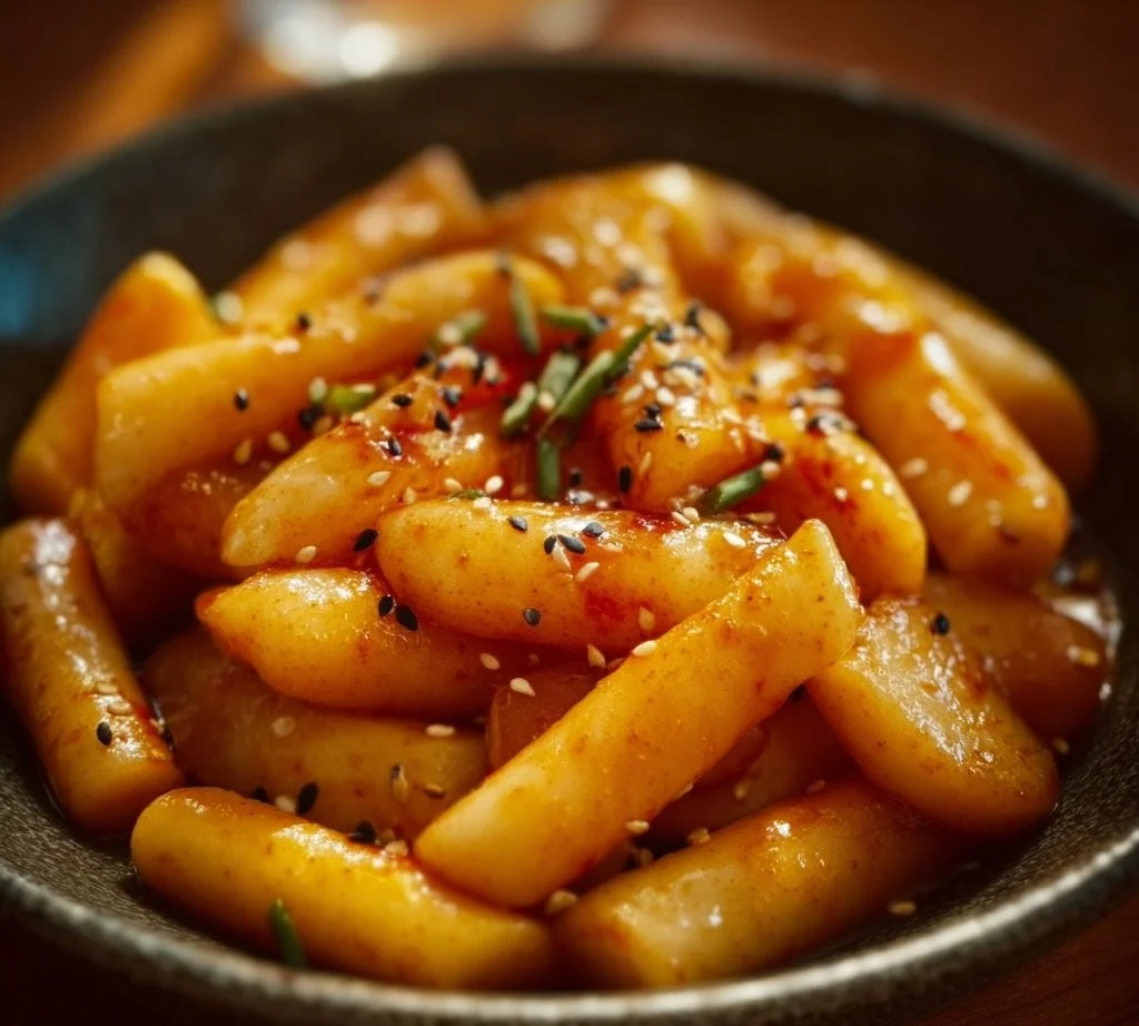Delicious Honey Butter Tteokbokki served in a rustic bowl with toppings.