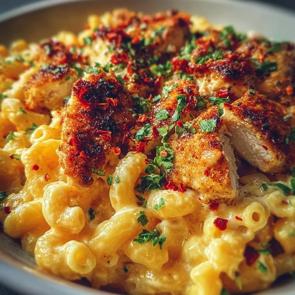 Honey Pepper Chicken Mac and Cheese dish garnished with herbs