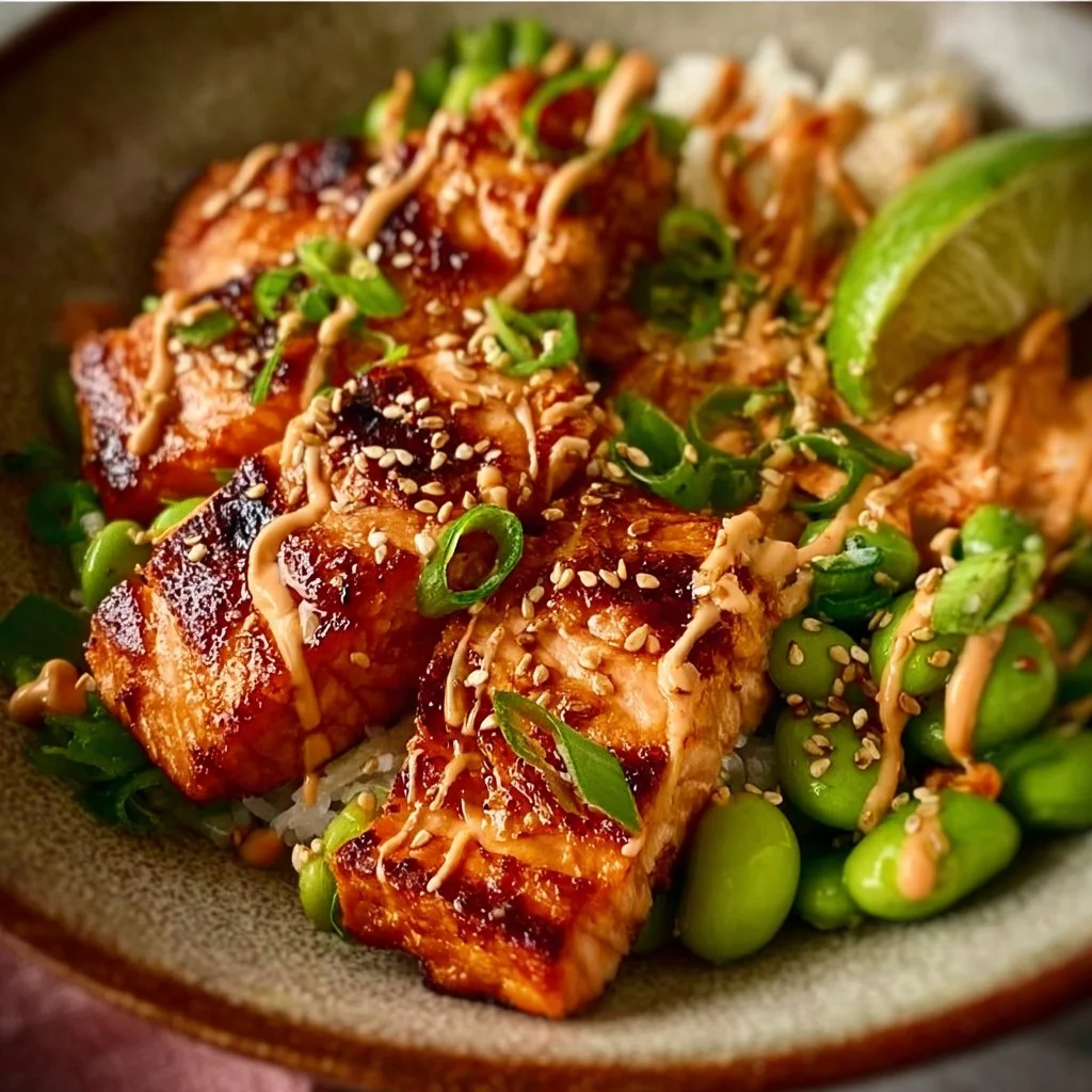 Honey Sriracha Salmon Bowl with colorful vegetables and rice