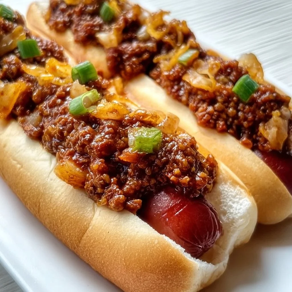 A delicious bowl of homemade hot dog chili served over grilled sausages