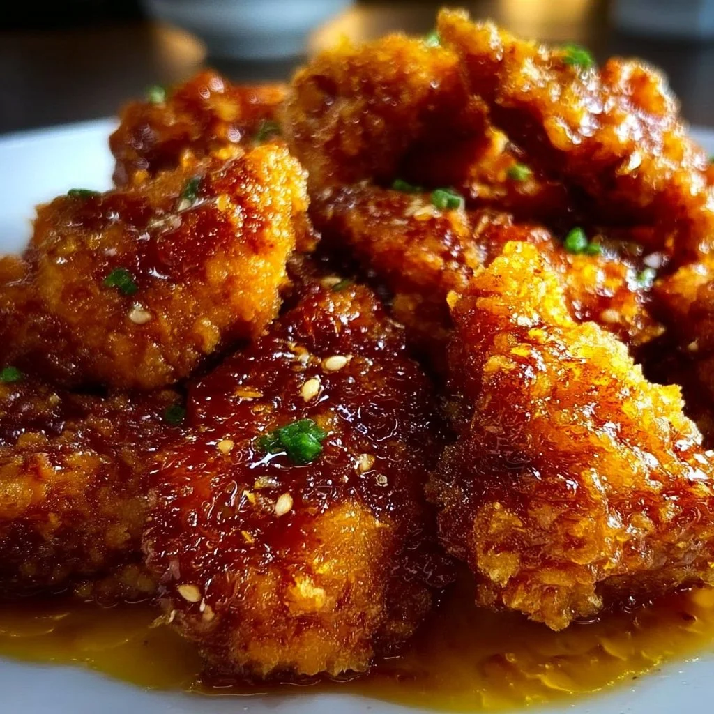 Plate of hot honey chicken garnished with herbs and spices