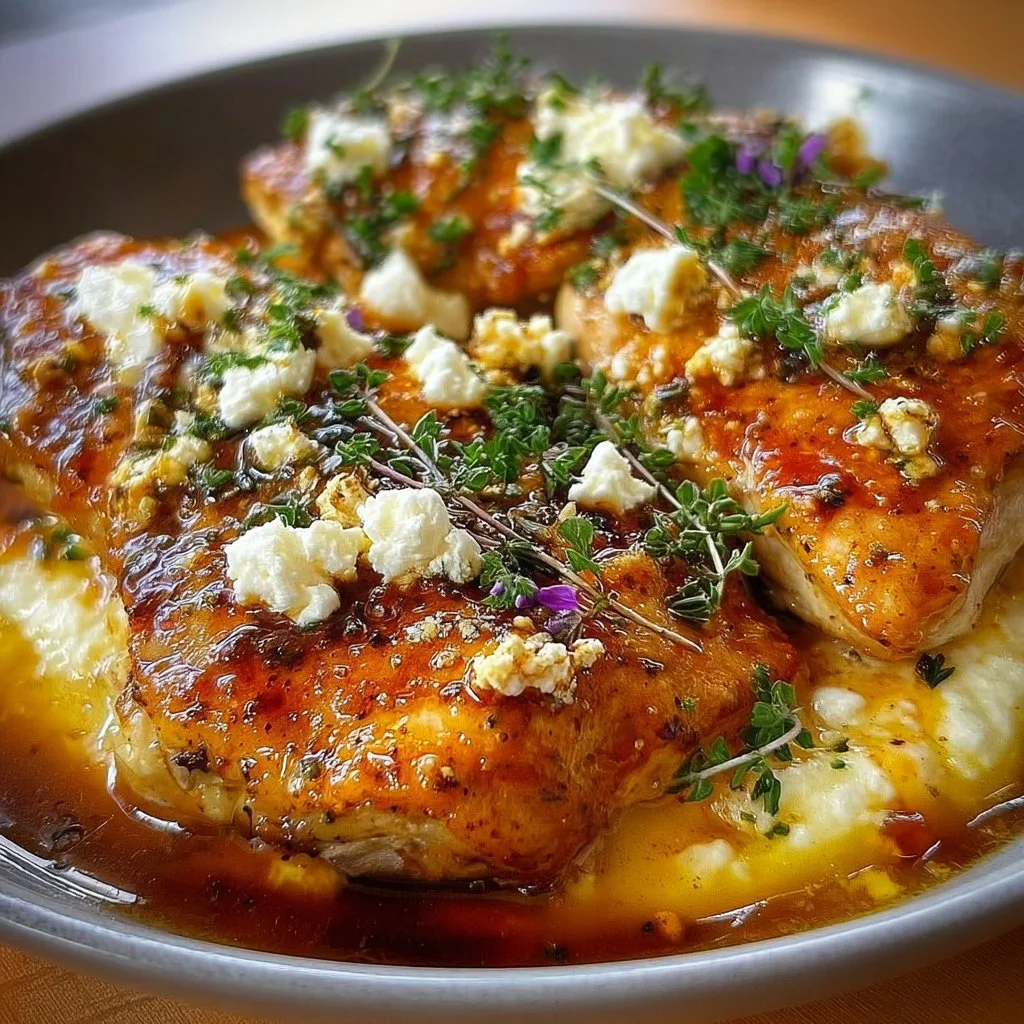 Hot Honey Feta Chicken served with herbs and spices