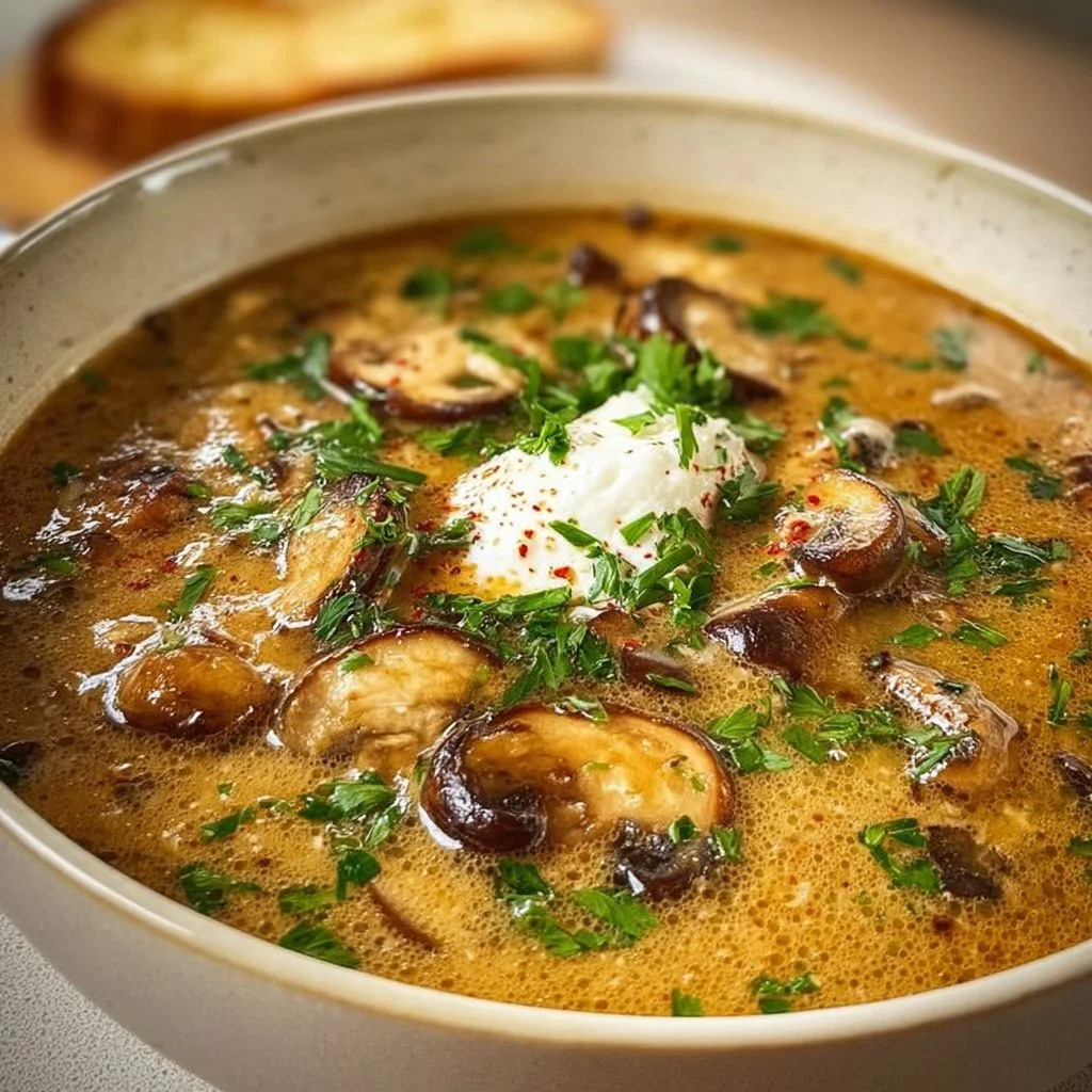 Bowl of rich and creamy Hungarian Mushroom Soup garnished with fresh herbs.
