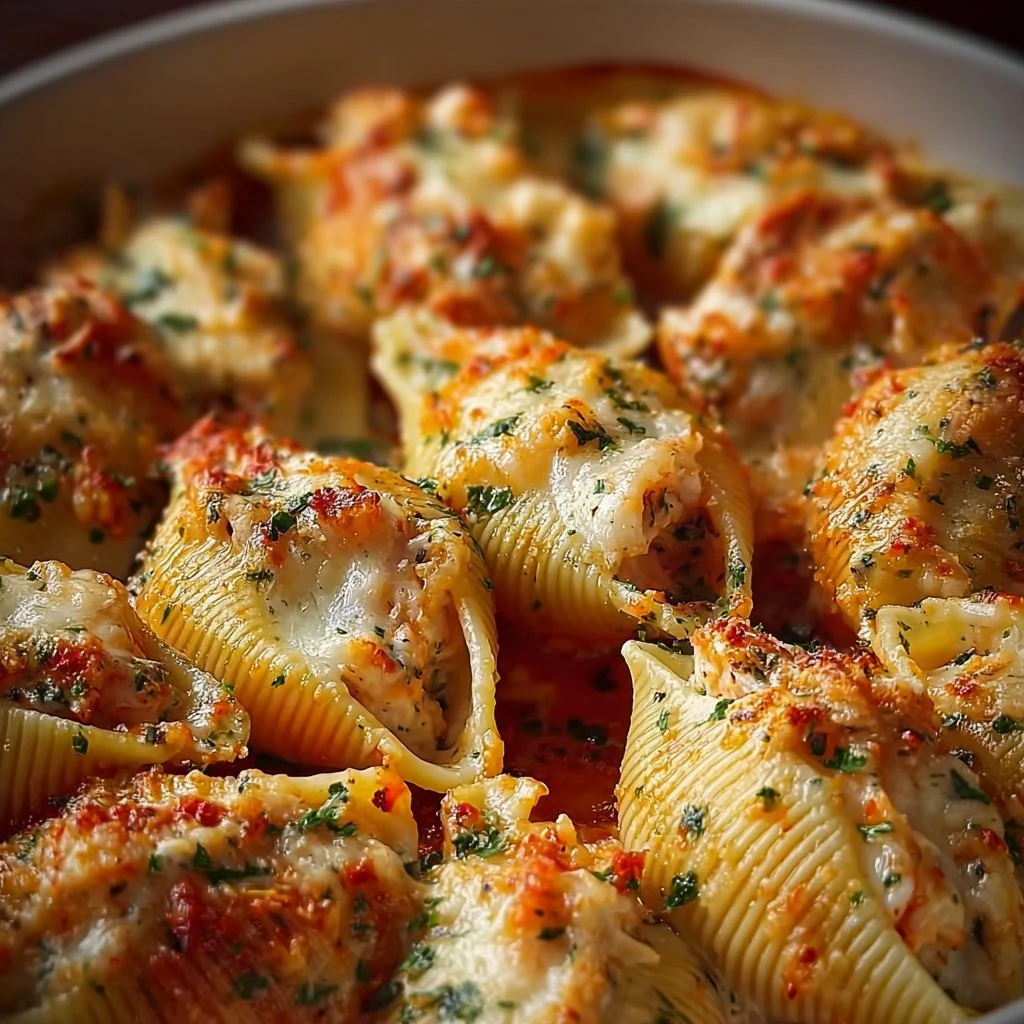 Delicious seafood stuffed shells served in a creamy sauce