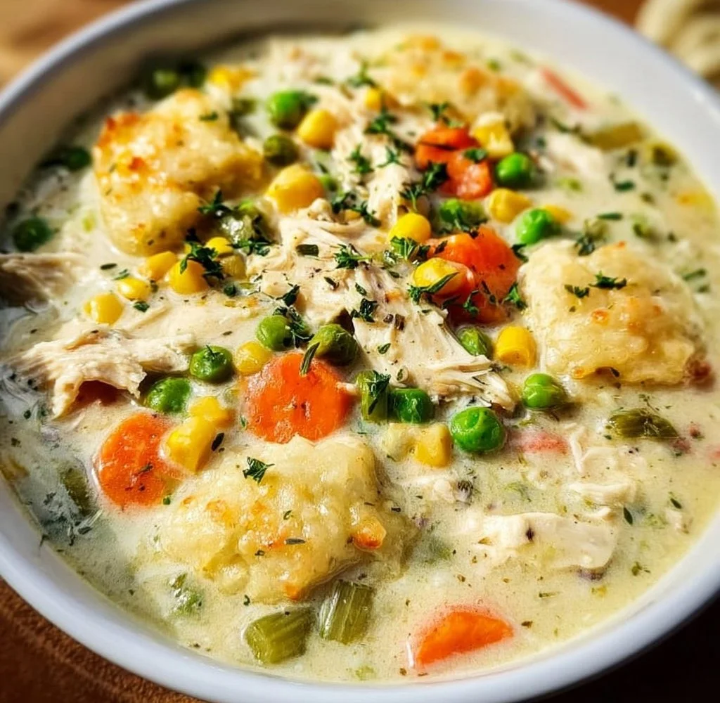 Bowl of delicious Instant Pot Chicken Pot Pie Soup with vegetables and flaky crust