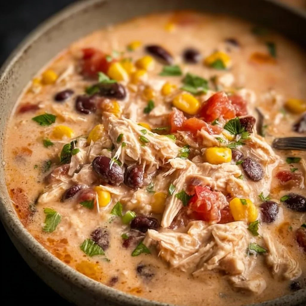 Bowl of Instant Pot creamy chicken taco soup garnished with cilantro and avocado