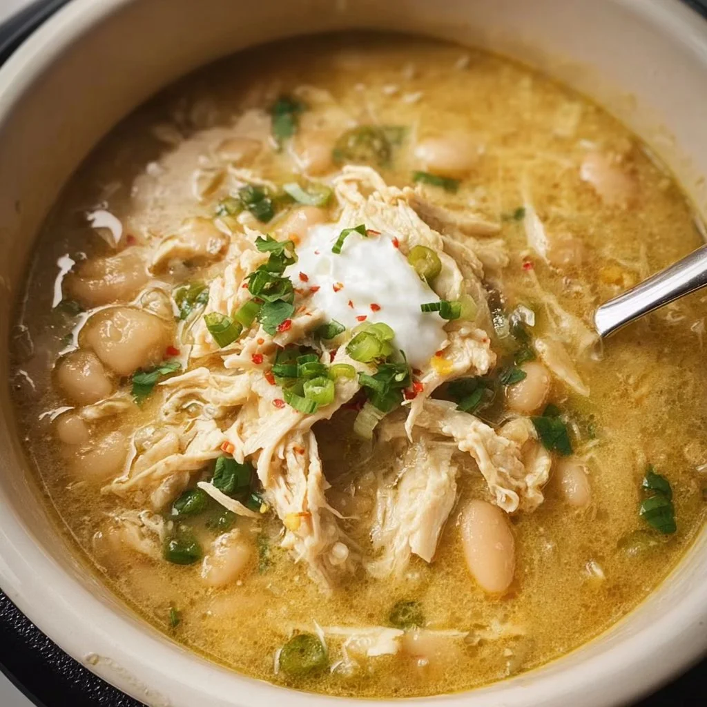 Instant Pot white chicken chili recipe with tender chicken and beans