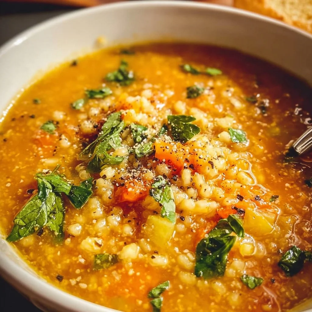 Bowl of delicious Italian Pastina Soup with fresh herbs and vegetables