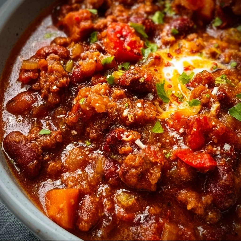 Bowl of hearty Italian Sausage Chili topped with fresh herbs