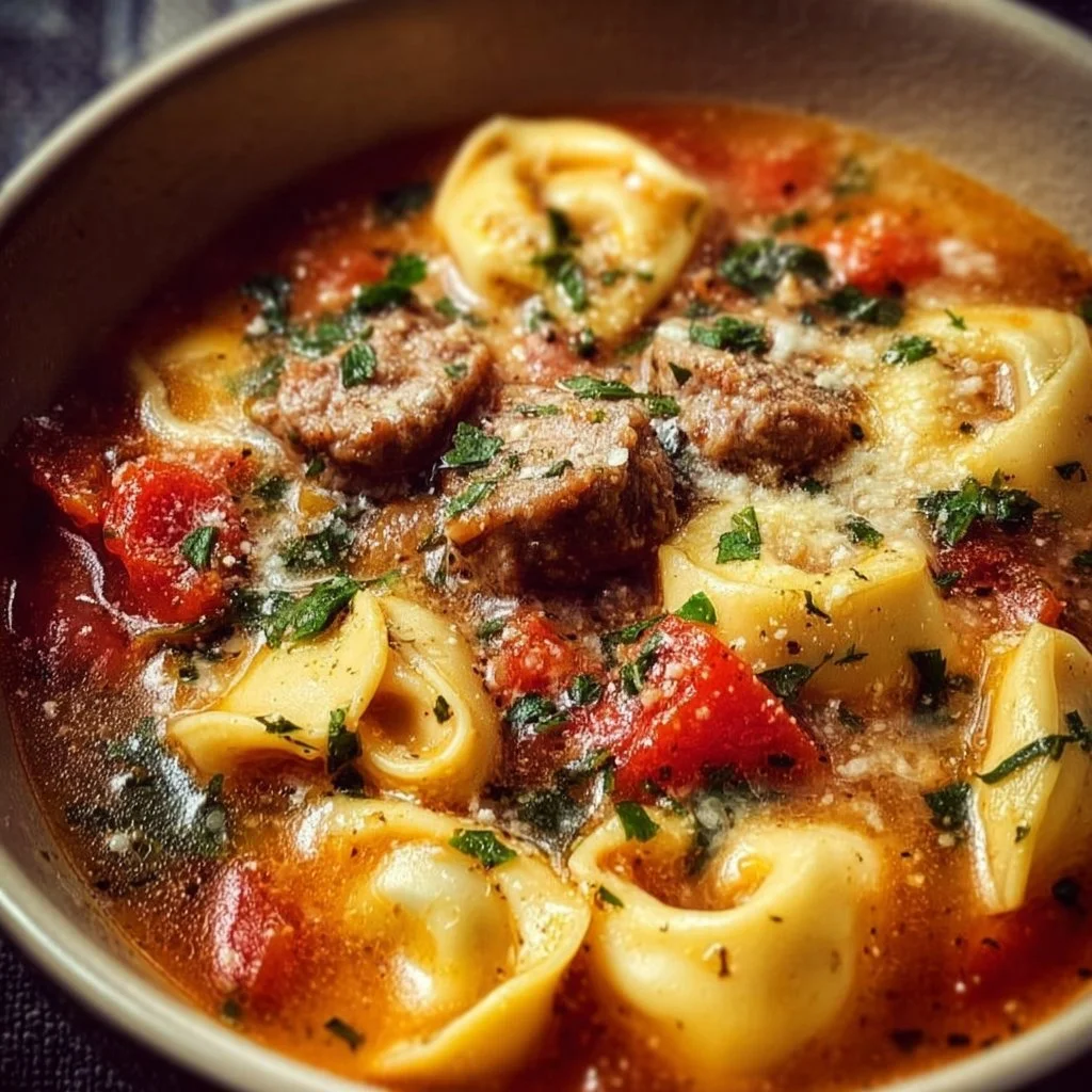 Bowl of Italian Sausage Tortellini Soup with herbs and cheese garnished on top