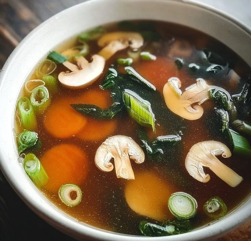 Bowl of traditional Japanese clear soup with garnishes