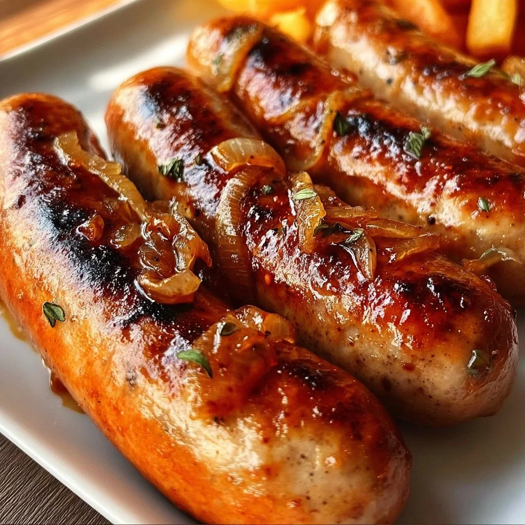 Delicious Juicy Brats cooked in an air fryer, golden brown and juicy.