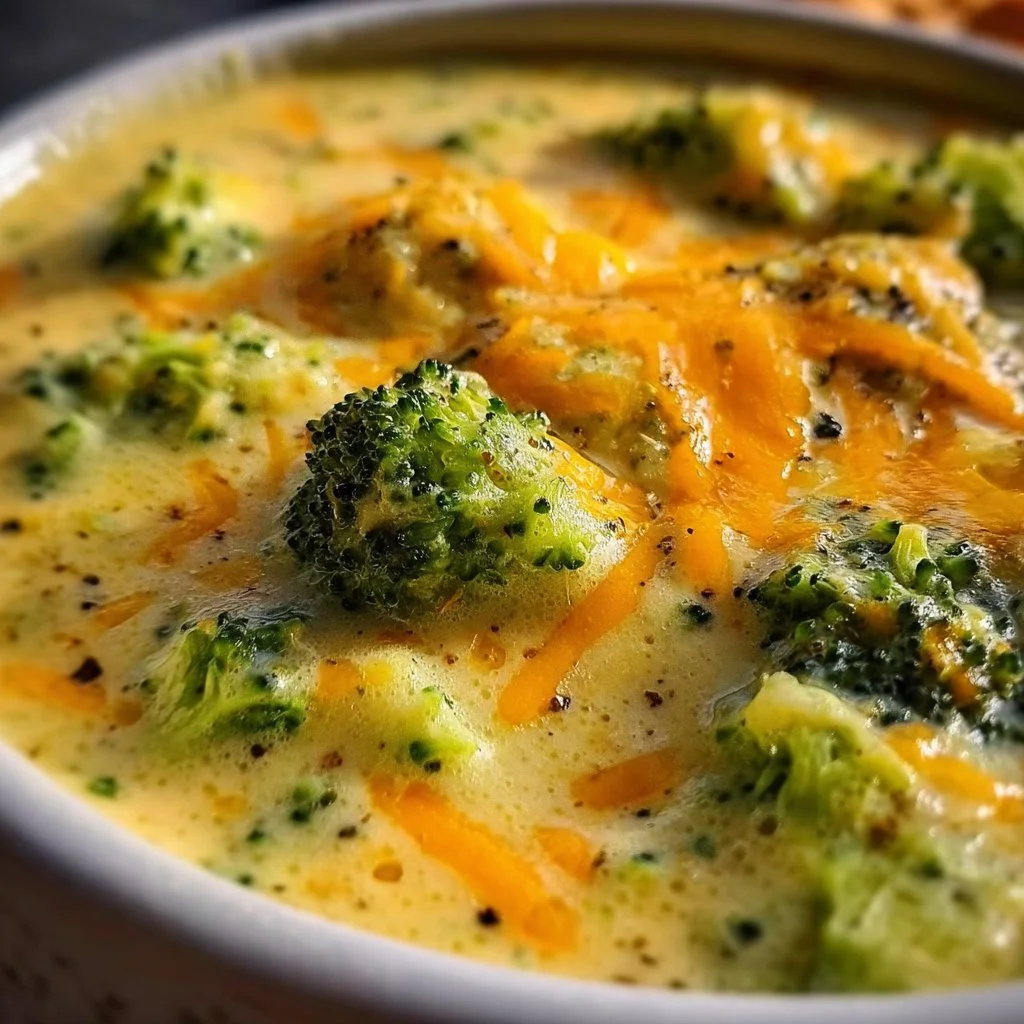 Bowl of creamy Keto Broccoli Cheese Soup with fresh broccoli and cheese